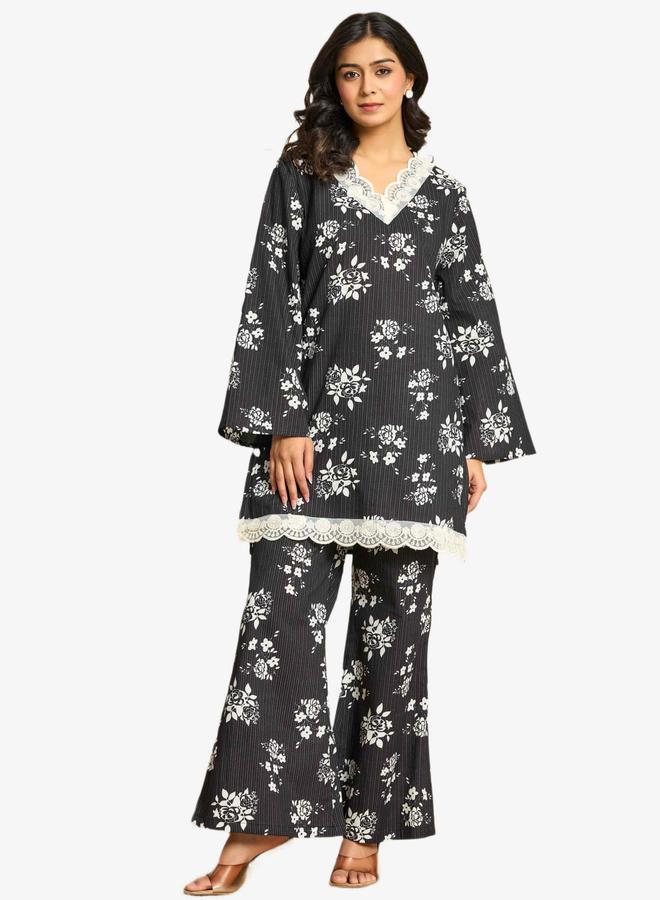 KASYA Black Printed Pure Cotton Pakistani Style Co-Ord Set - Image 1